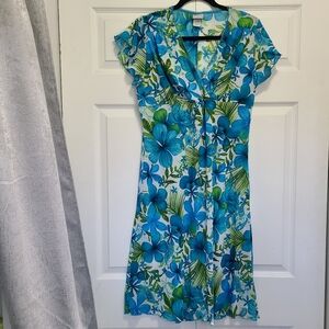 Floral Sheer Dress Blue Green Colorful Womens Vintage Large‎